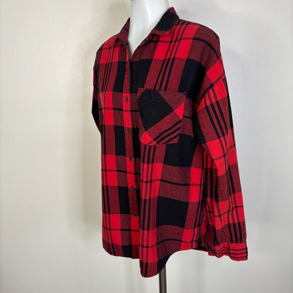 Old Navy Top Small Red Black Plaid Boyfriend Shirt Flannel Button-Front Women's - Picture 3 of 10